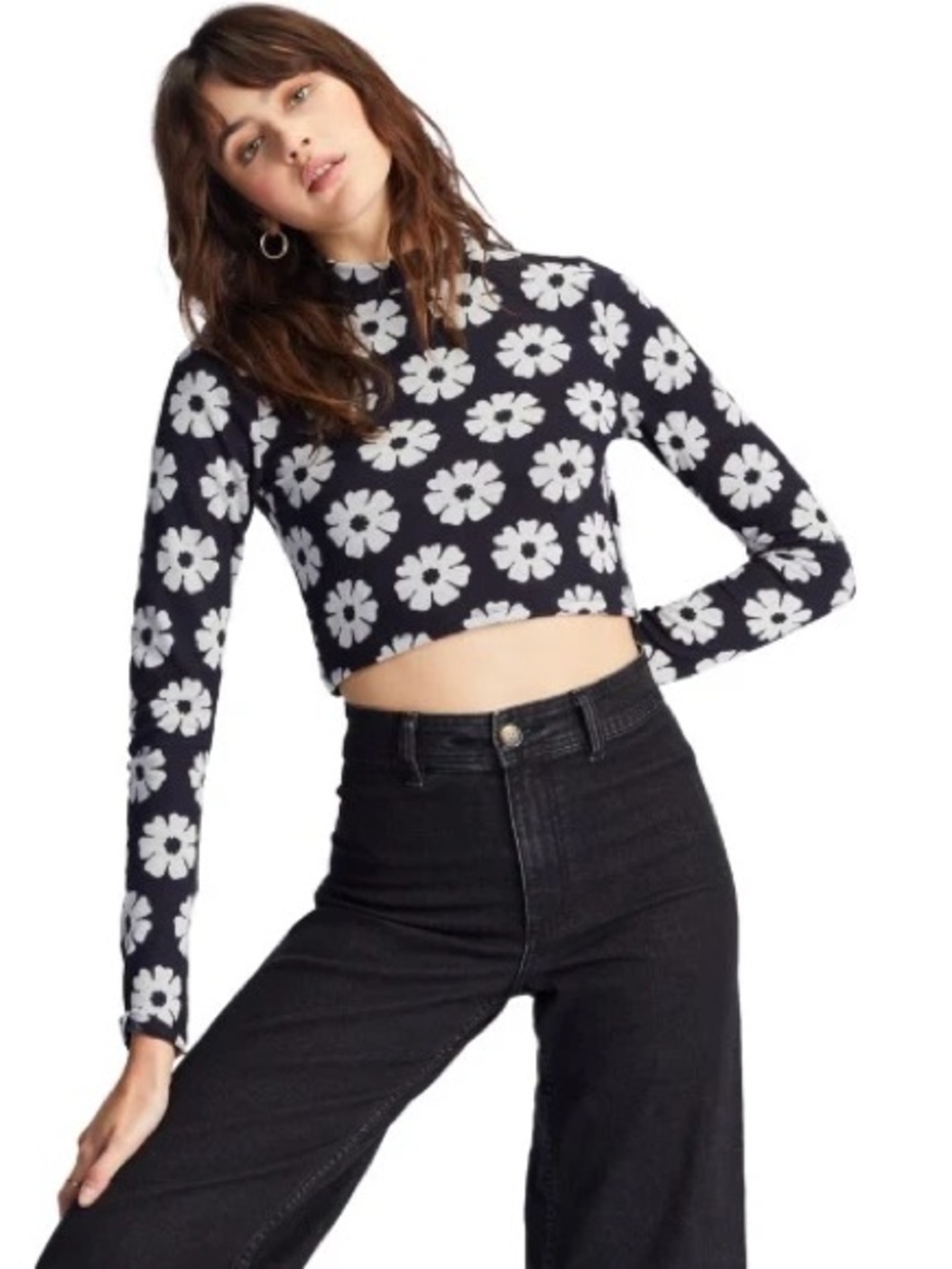 Billabong Black Crop Top with White Floral Print